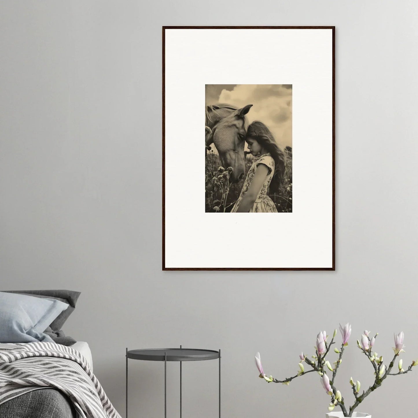 Framed sepia-toned photo of a person and horse, perfect for room decoration in serene anthropologyviews