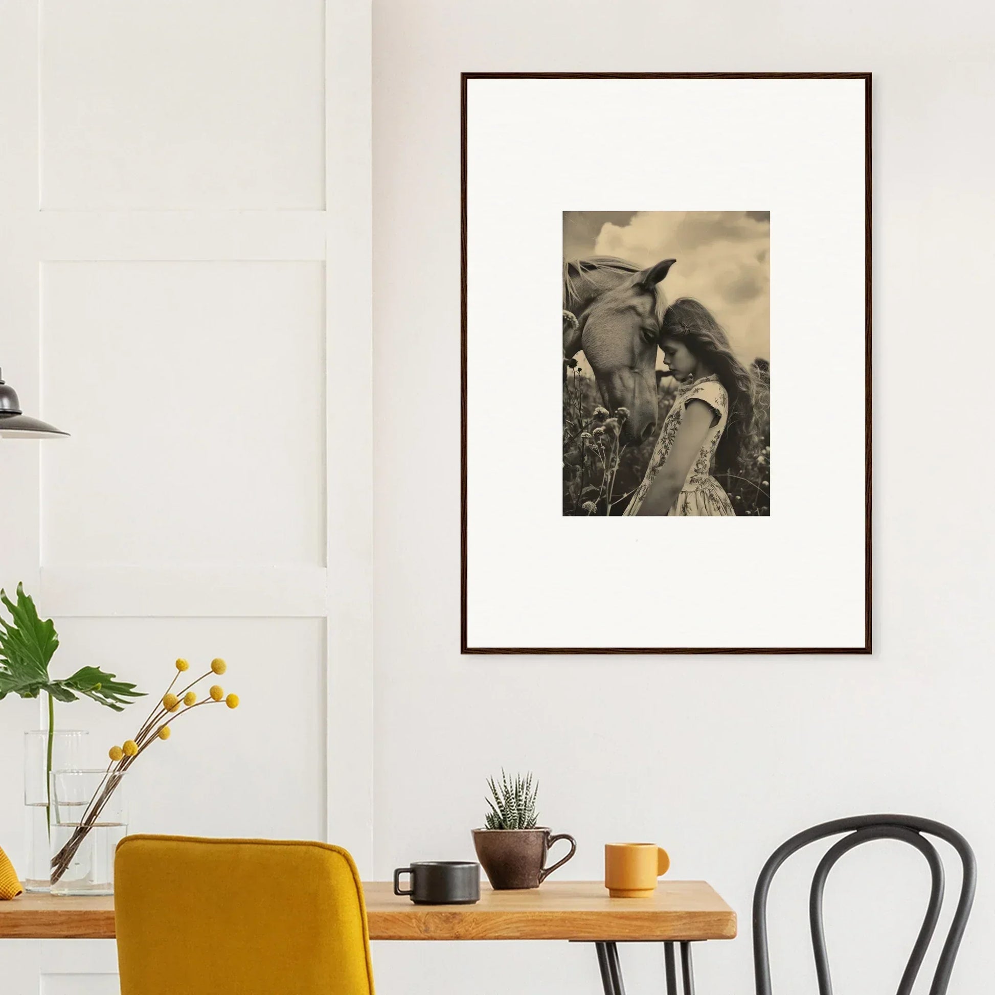 Framed black and white canvas print of a serene person with a horse for room decoration