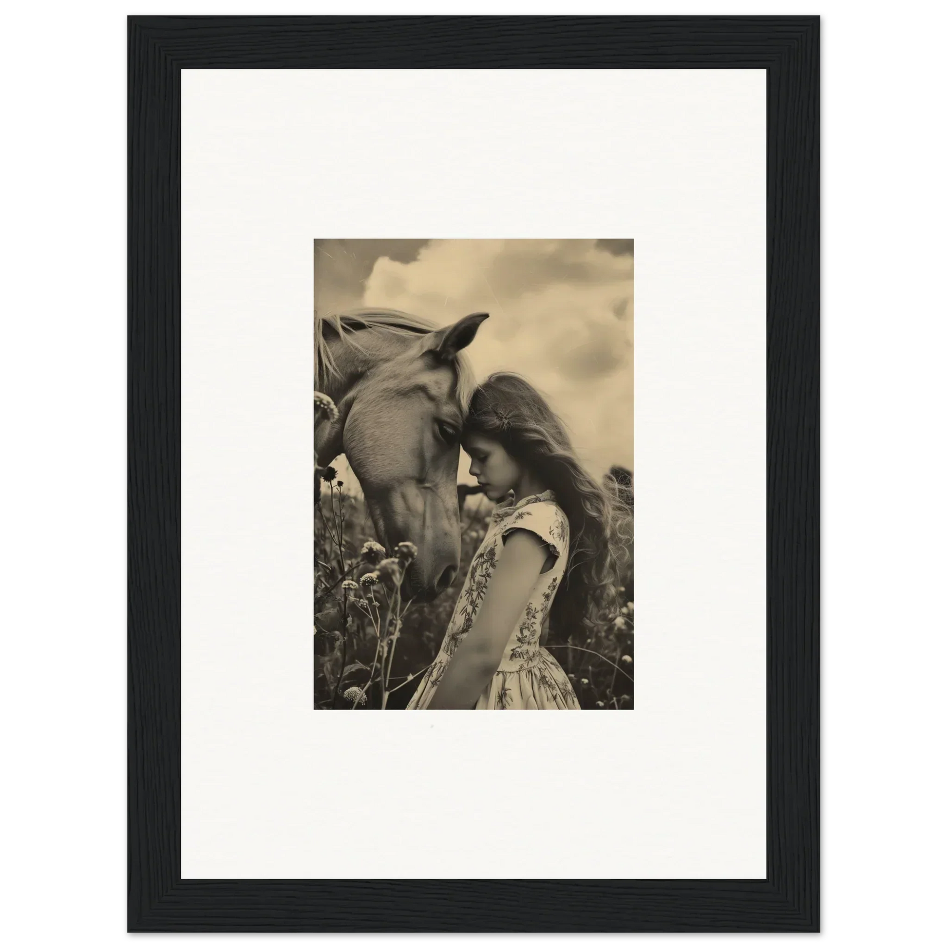 Framed black-and-white photo of a girl with a horse, perfect for serene anthropologyviews room decoration