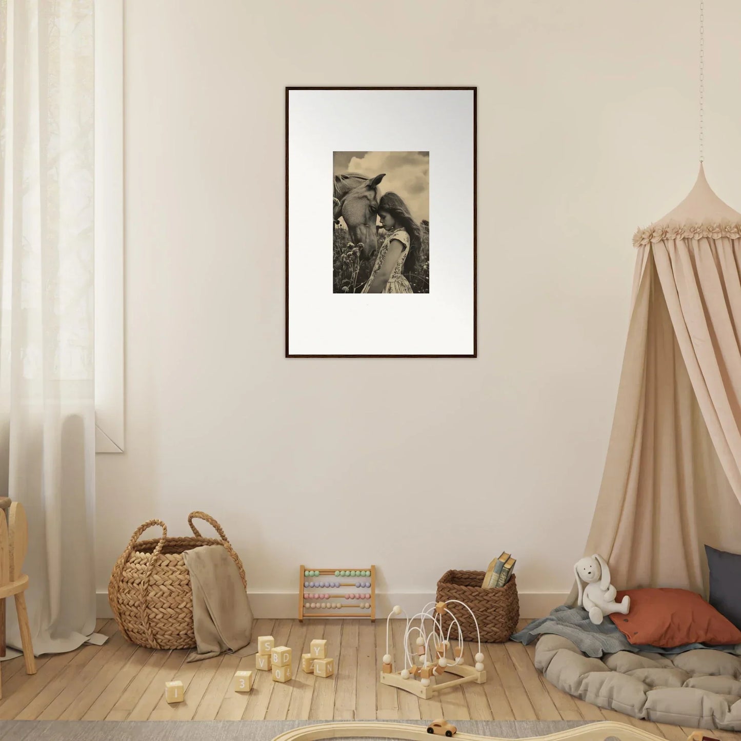 Framed black and white photo of a person with a bird, perfect for serene anthropologyviews room decoration