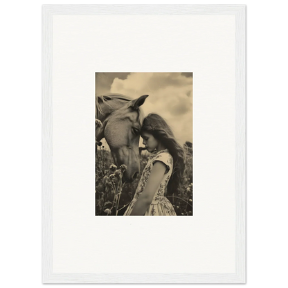 Framed black and white photo of a person with a horse, perfect for serene anthropologyviews