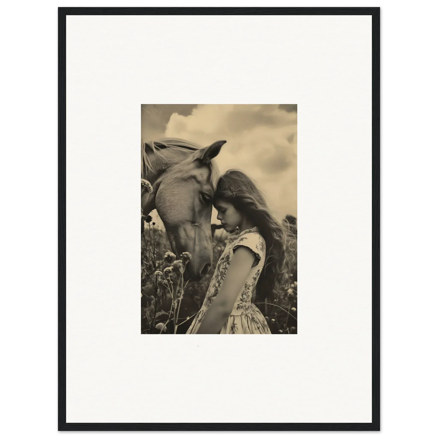 Framed black-and-white photo of a girl with a horse, perfect for serene anthropologyviews room decoration