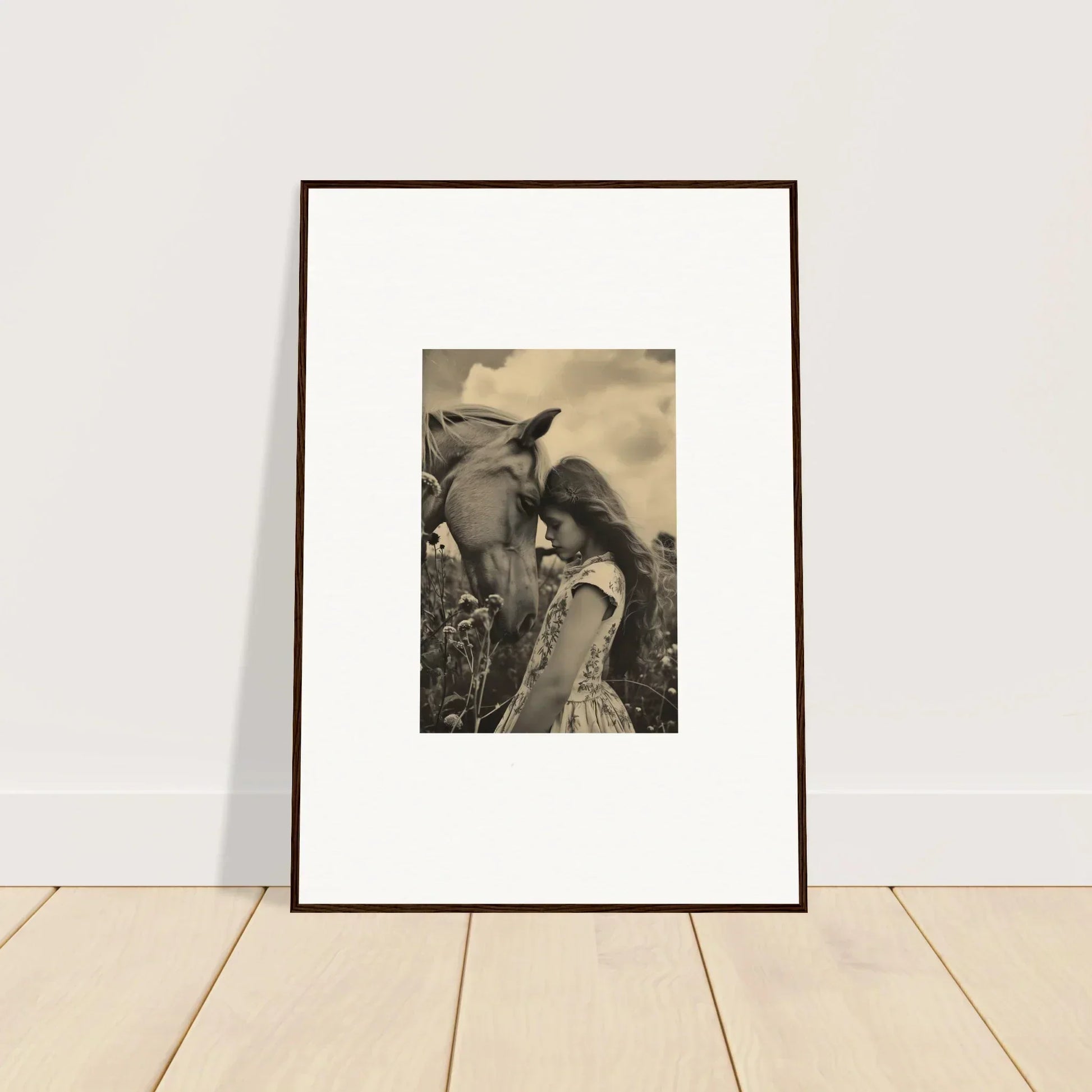 Framed black and white photo of a person and horse for serene anthropologyviews room decoration