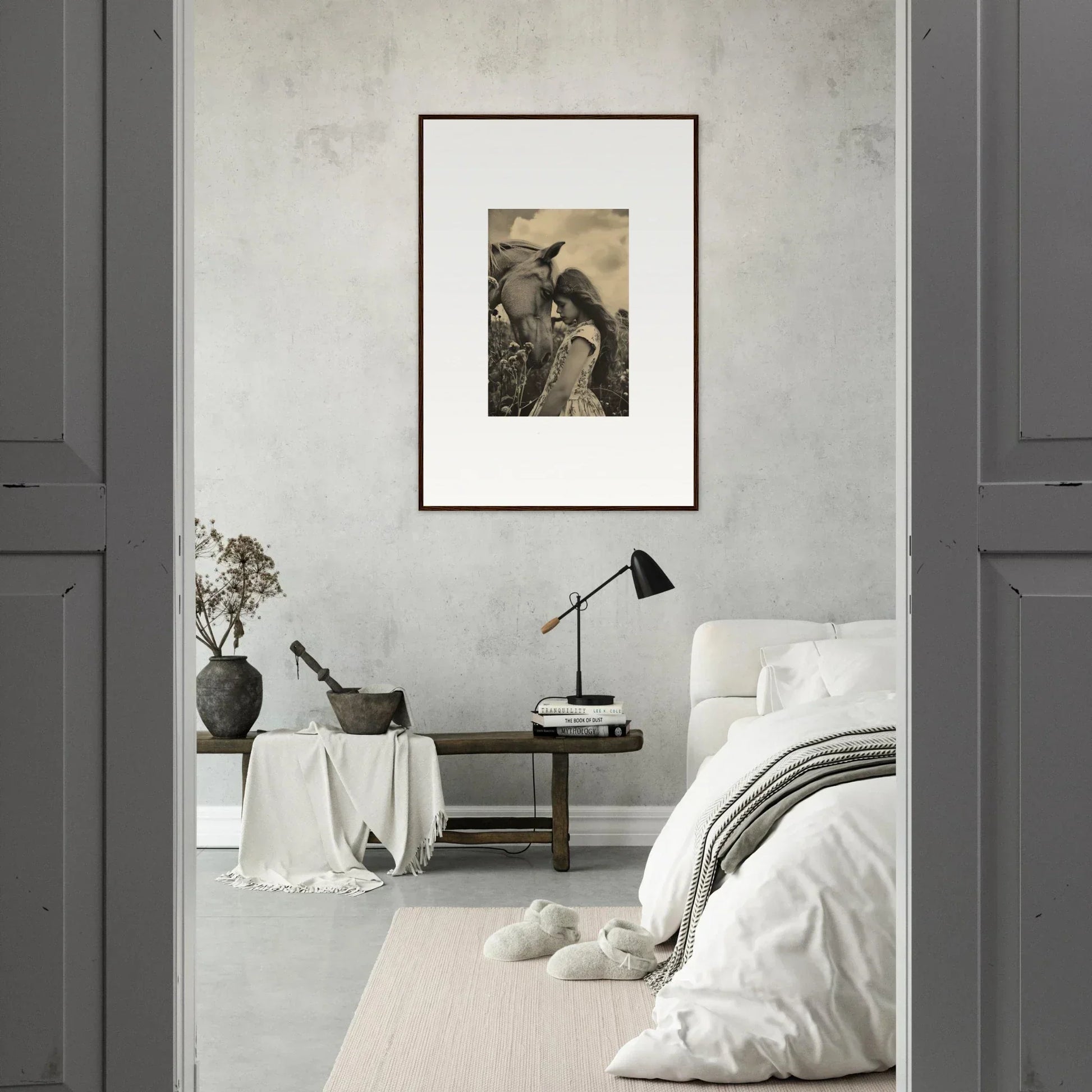 Framed black and white photo of a person with a horse for serene anthropologyviews room decoration