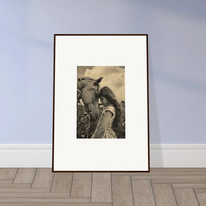 Framed black and white photo of a person with a horse, perfect for room decoration