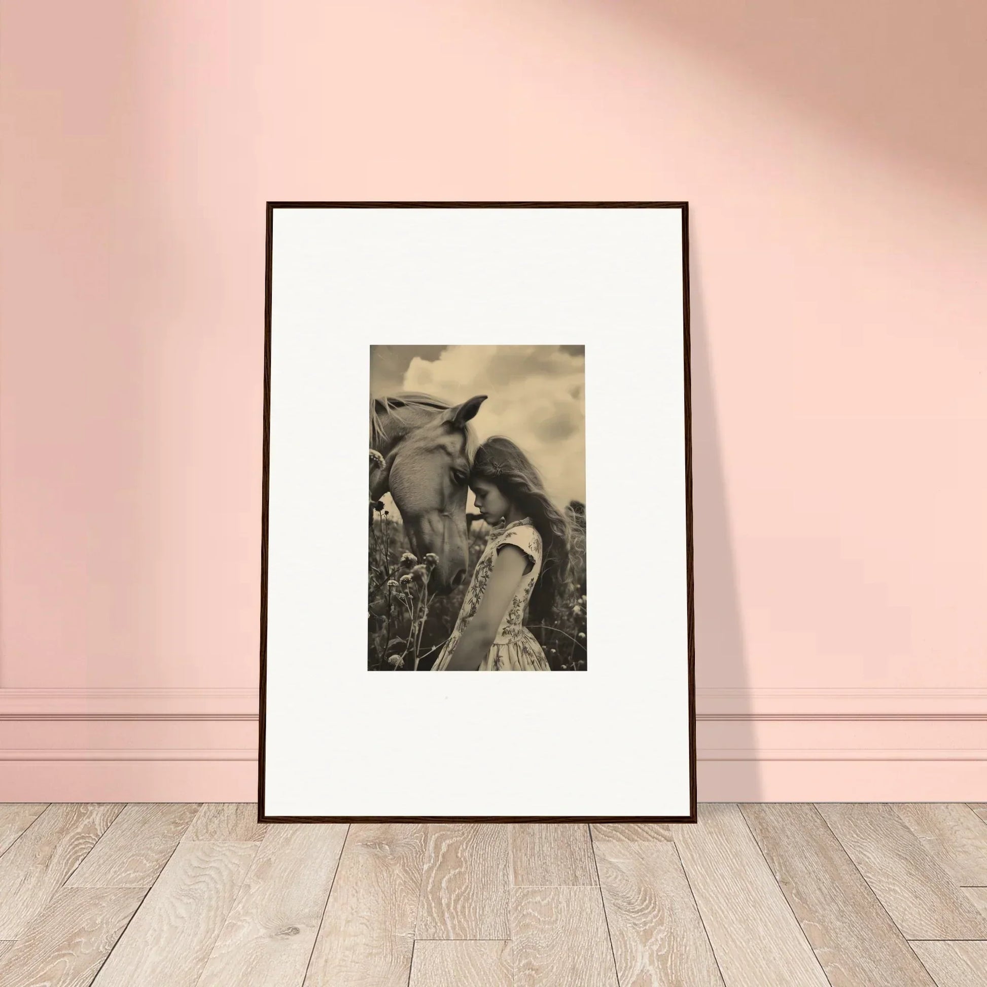 Framed black-and-white canvas print of a person embracing a horse for serene anthropologyviews