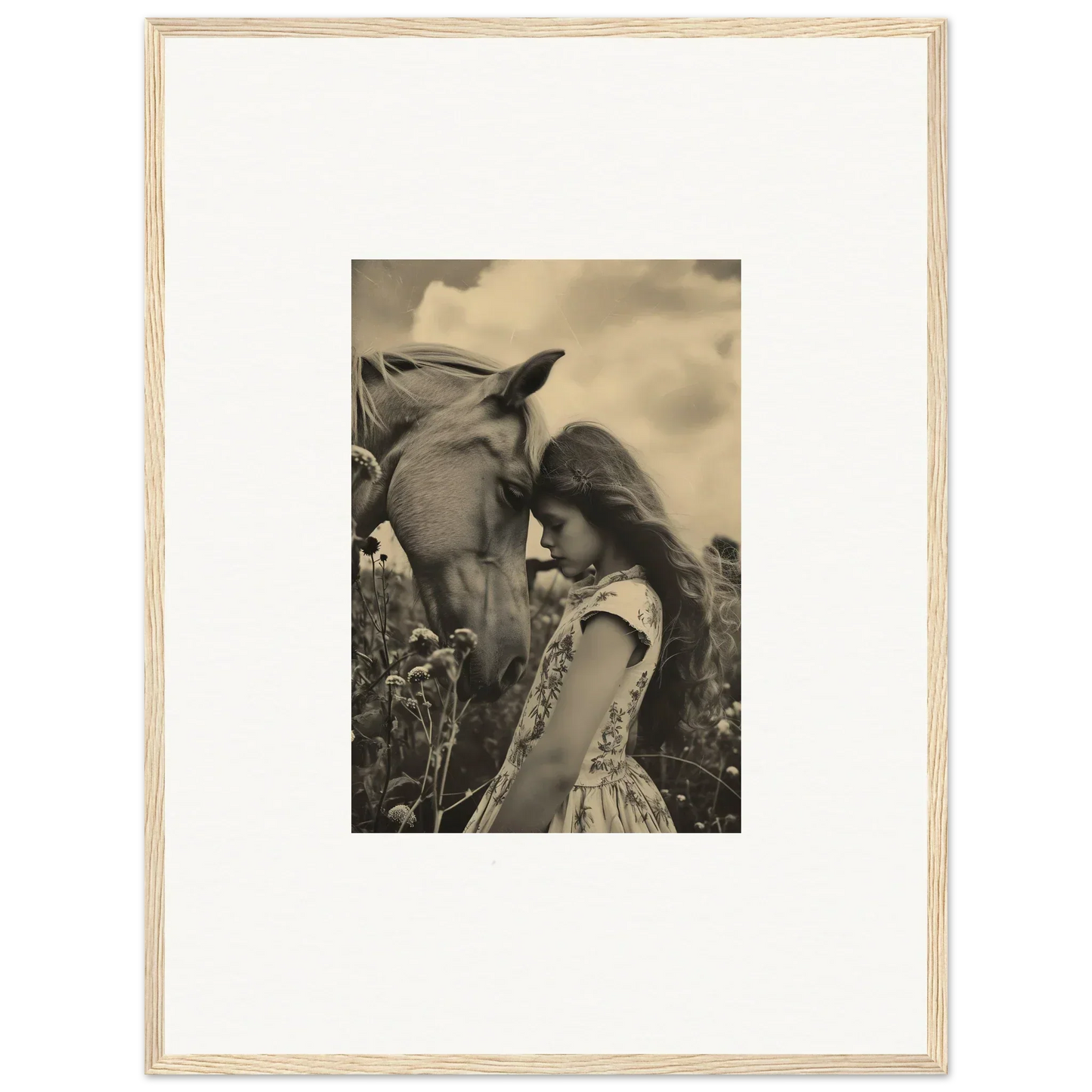 Framed black and white photo of a girl with a horse, perfect for serene anthropologyviews room decoration