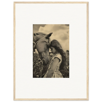 Framed black and white photo of a girl with a horse, perfect for serene anthropologyviews room decoration