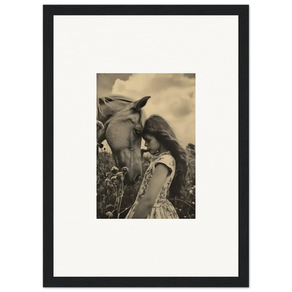 Framed black-and-white canvas print of a girl with a horse, perfect for serene anthropologyviews