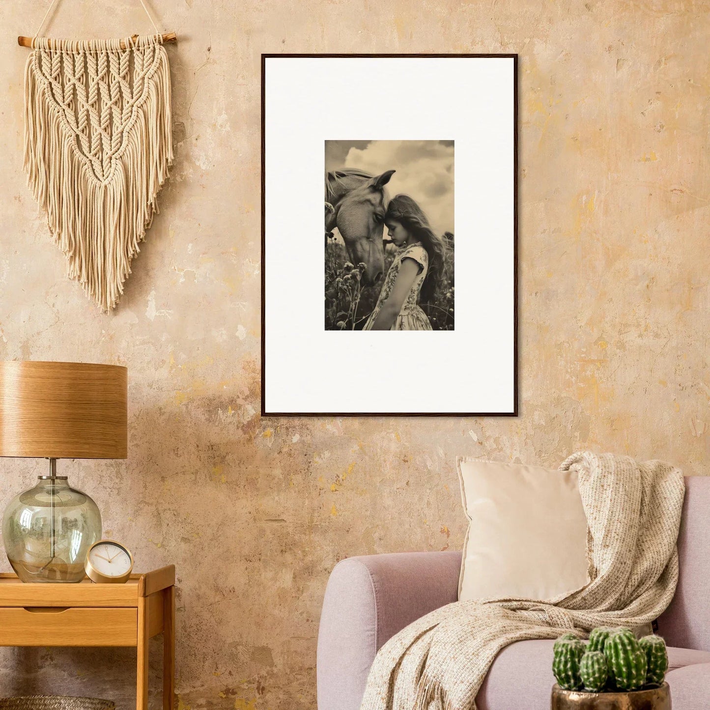 Framed black and white horse and rider photo for serene anthropologyviews room decoration