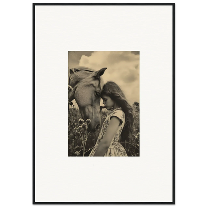 Framed black-and-white canvas print of a girl touching a horse, perfect for serene anthropologyviews