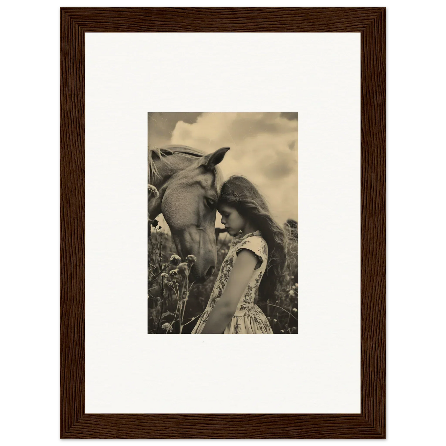 Framed black and white canvas print of a girl with a horse, perfect for serene anthropologyviews