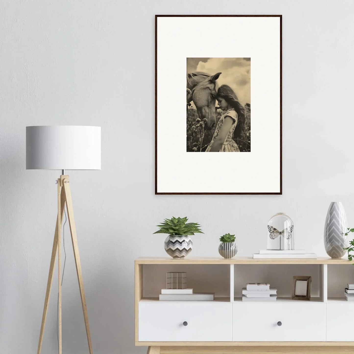 Framed black and white photo of a horse and person for serene anthropologyviews room decoration