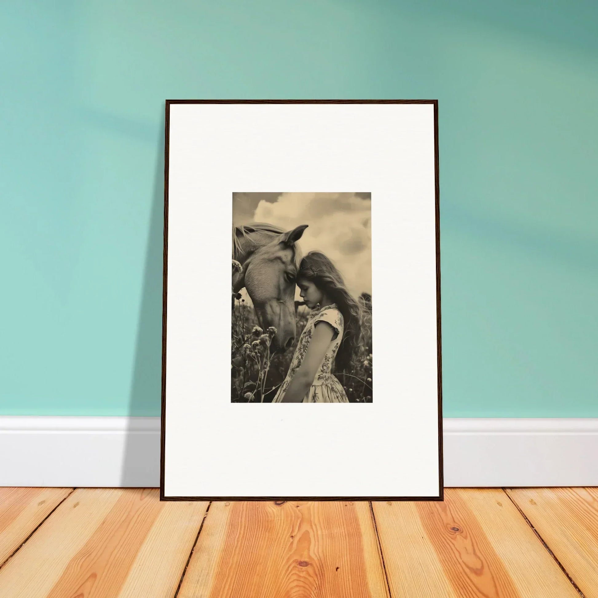 Framed black and white photo of a person with long hair and a horse for serene anthropologyviews