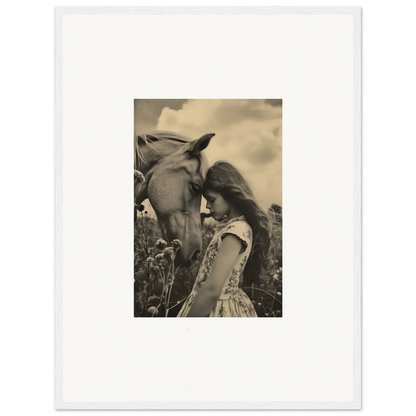 A sepia-toned photo of a girl touching a horse, perfect for serene anthropologyviews canvas print