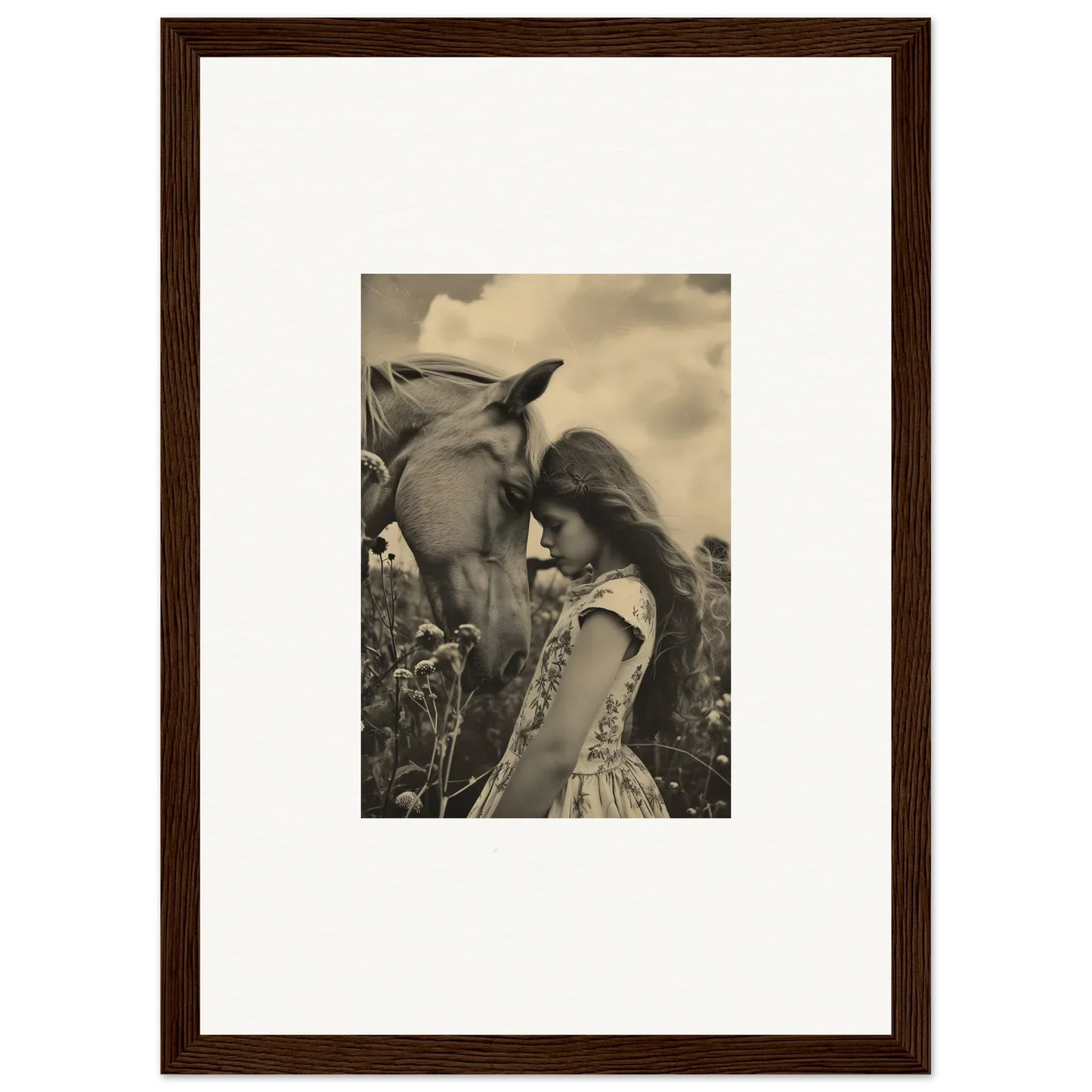 Framed sepia photo of a girl with a horse, perfect for serene anthropologyviews room decoration