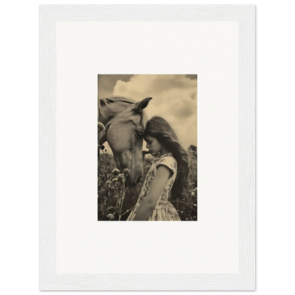 Framed black and white photo of a girl with a horse, perfect for serene anthropologyviews room decoration