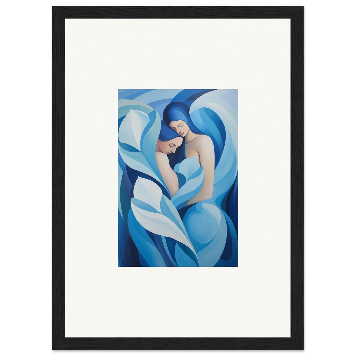 Abstract painting of a figure embracing a child in blue for a serene room decoration