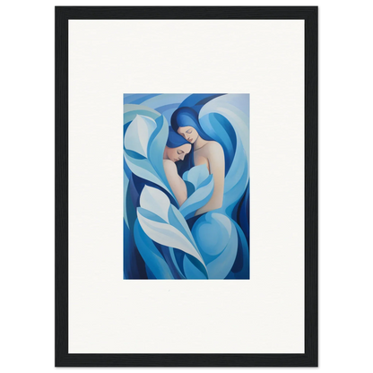 Abstract painting of a figure embracing a child in blue for a serene room decoration