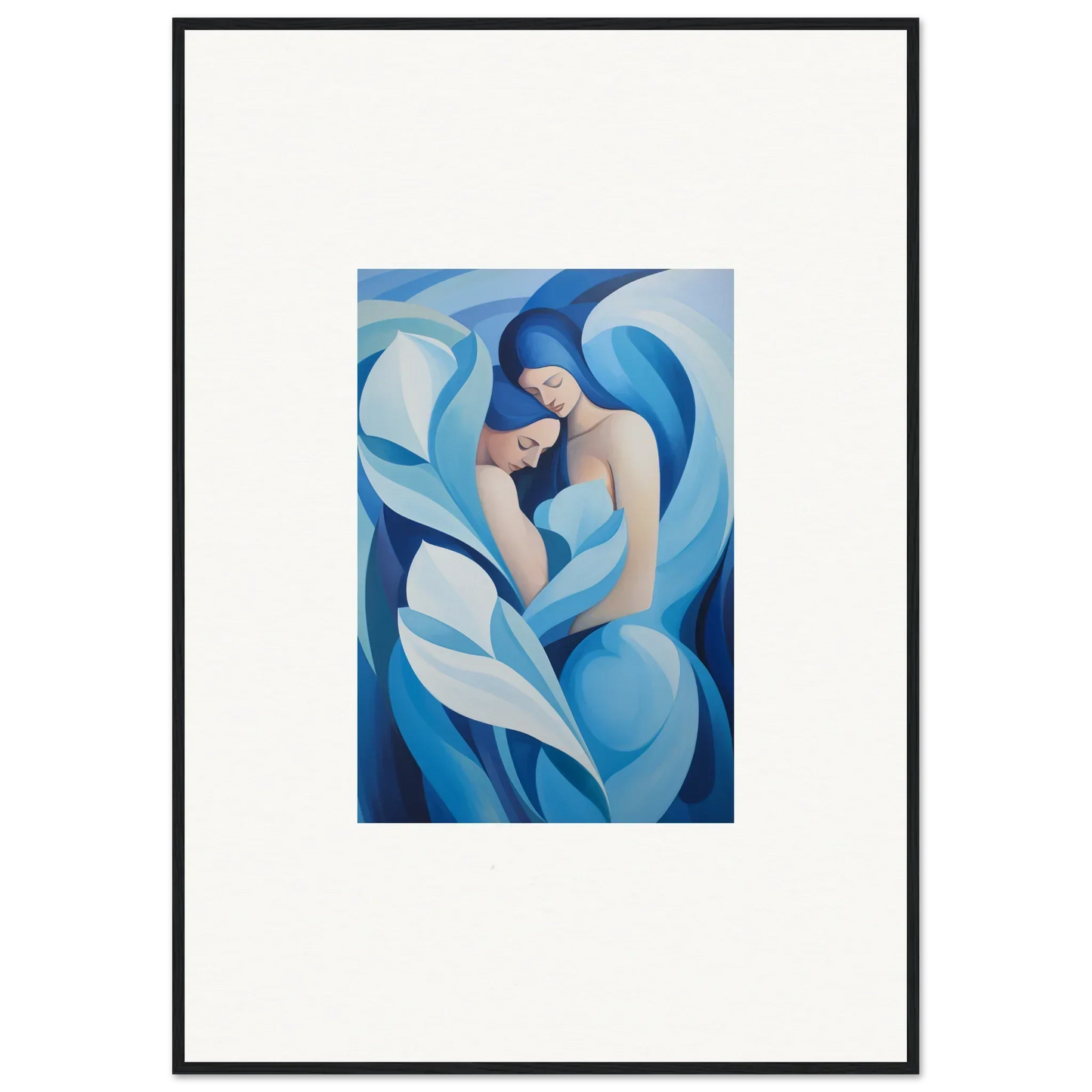 Abstract painting of a figure in blue and white shapes for a serene euphoria embrace