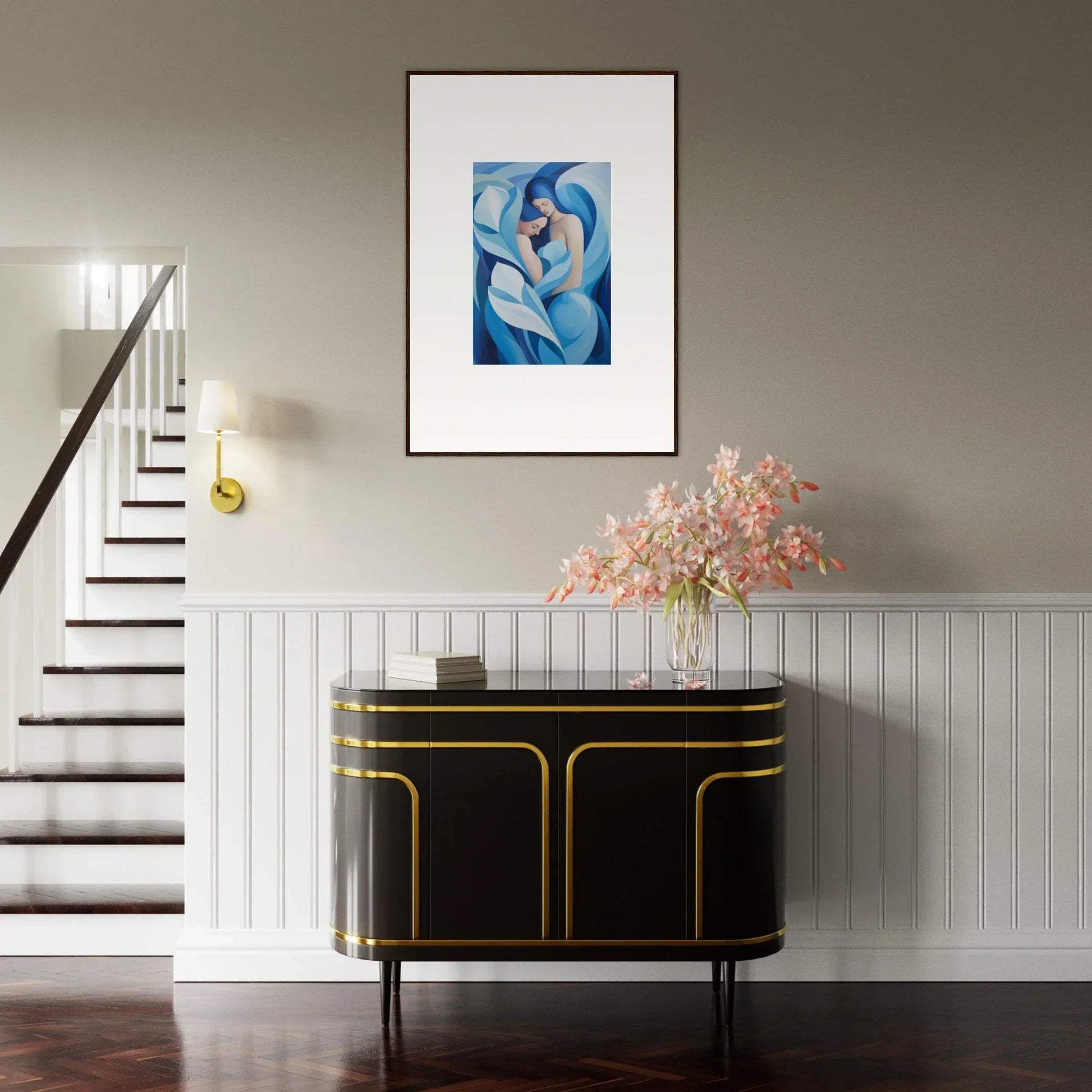 Elegant entryway with black and gold console, blue canvas print for euphoria embrace