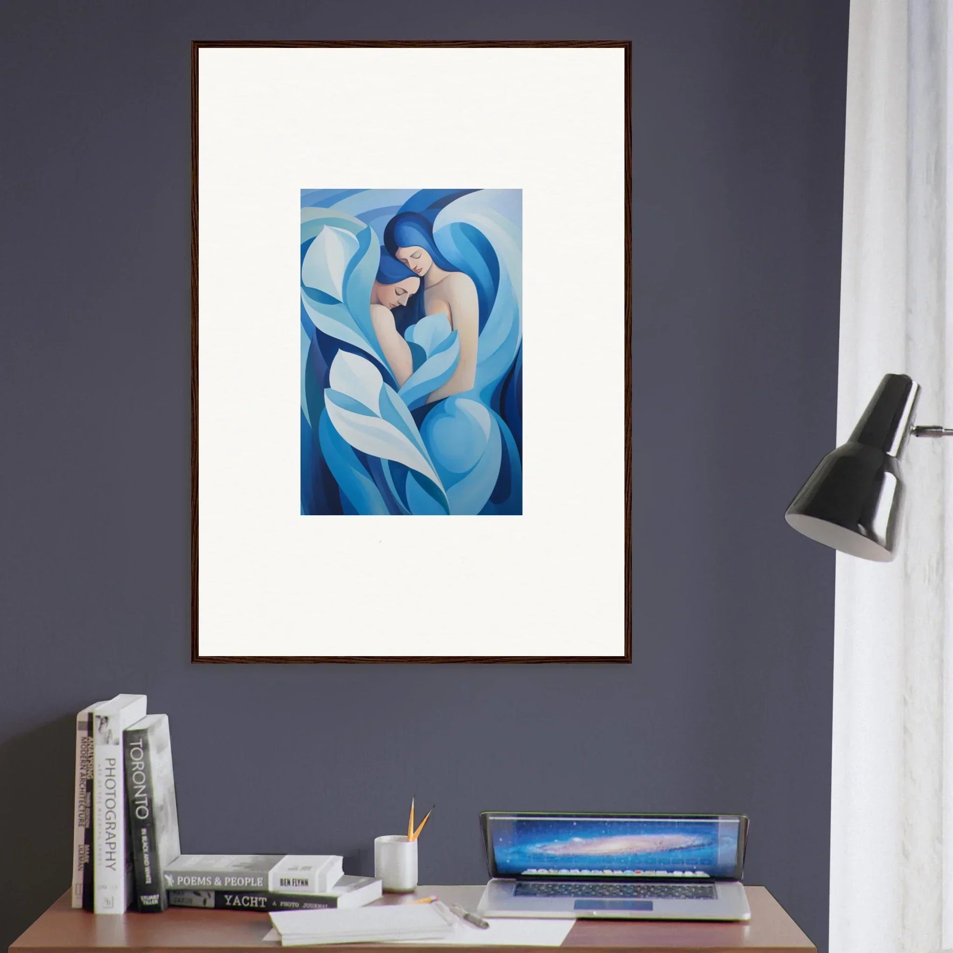 Framed abstract canvas print of flowing blue and white shapes for euphoria embrace room decoration