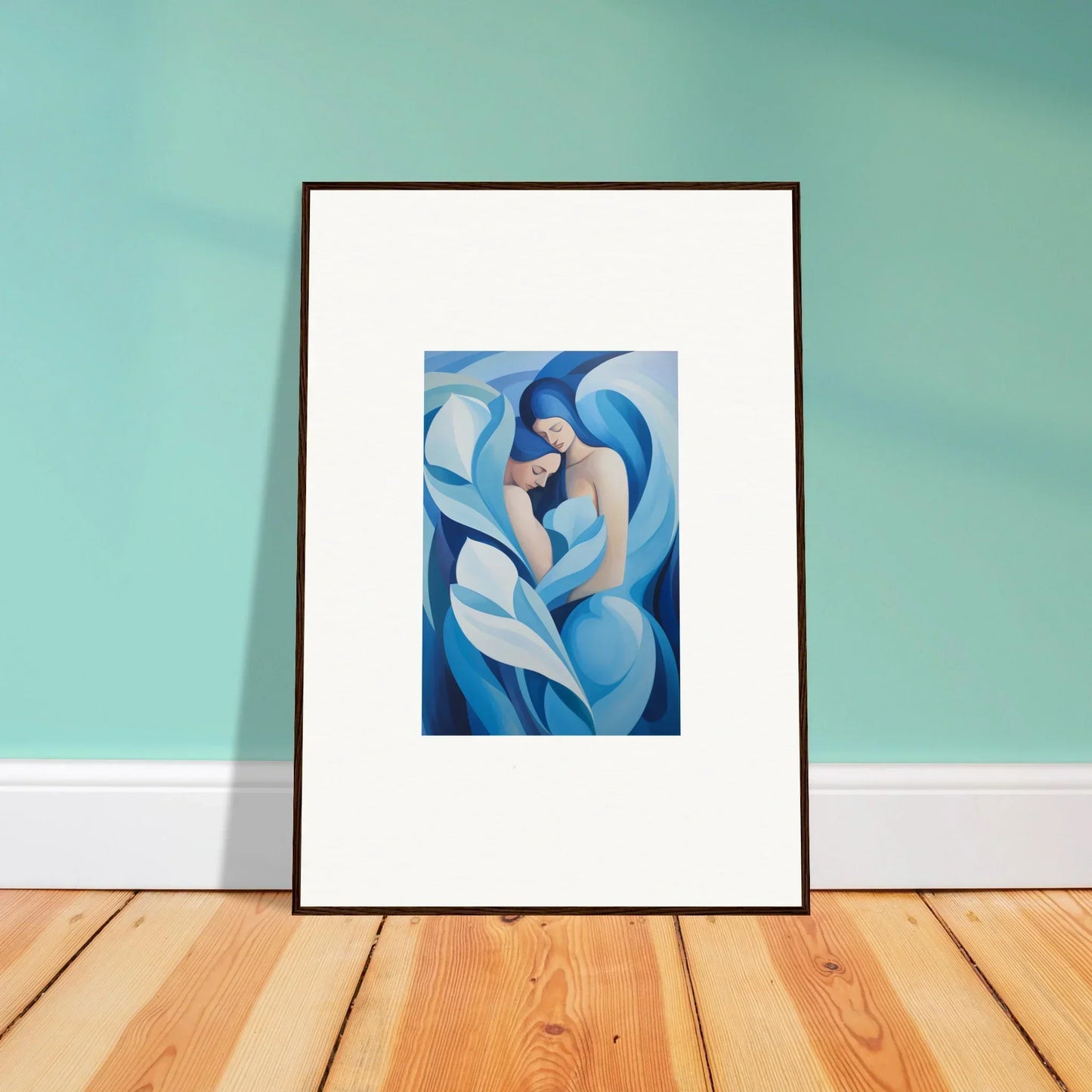 Framed canvas print of a blue and white abstract design for a euphoria embrace vibe