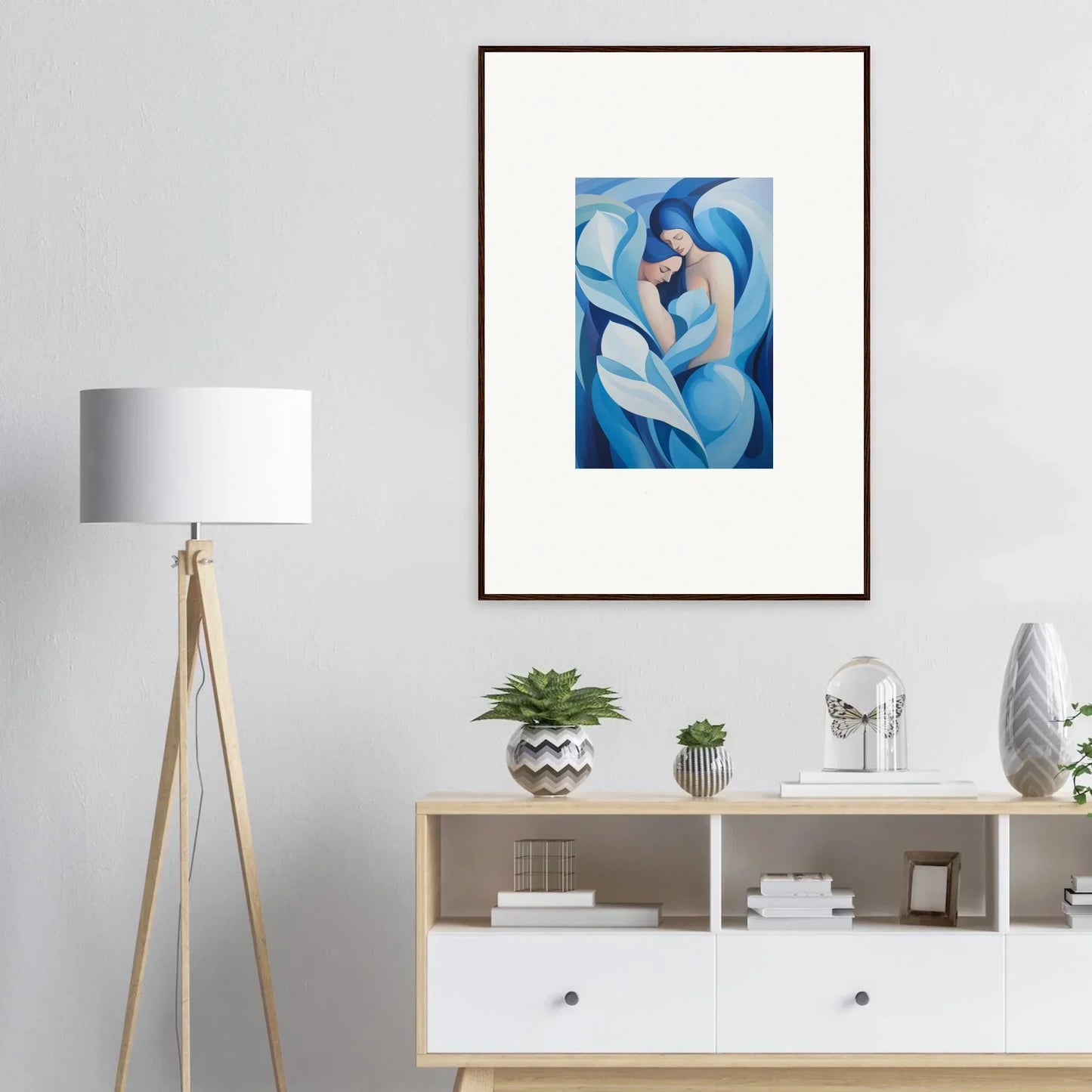 Framed canvas print of blue and white abstract shapes for a euphoria embrace decor