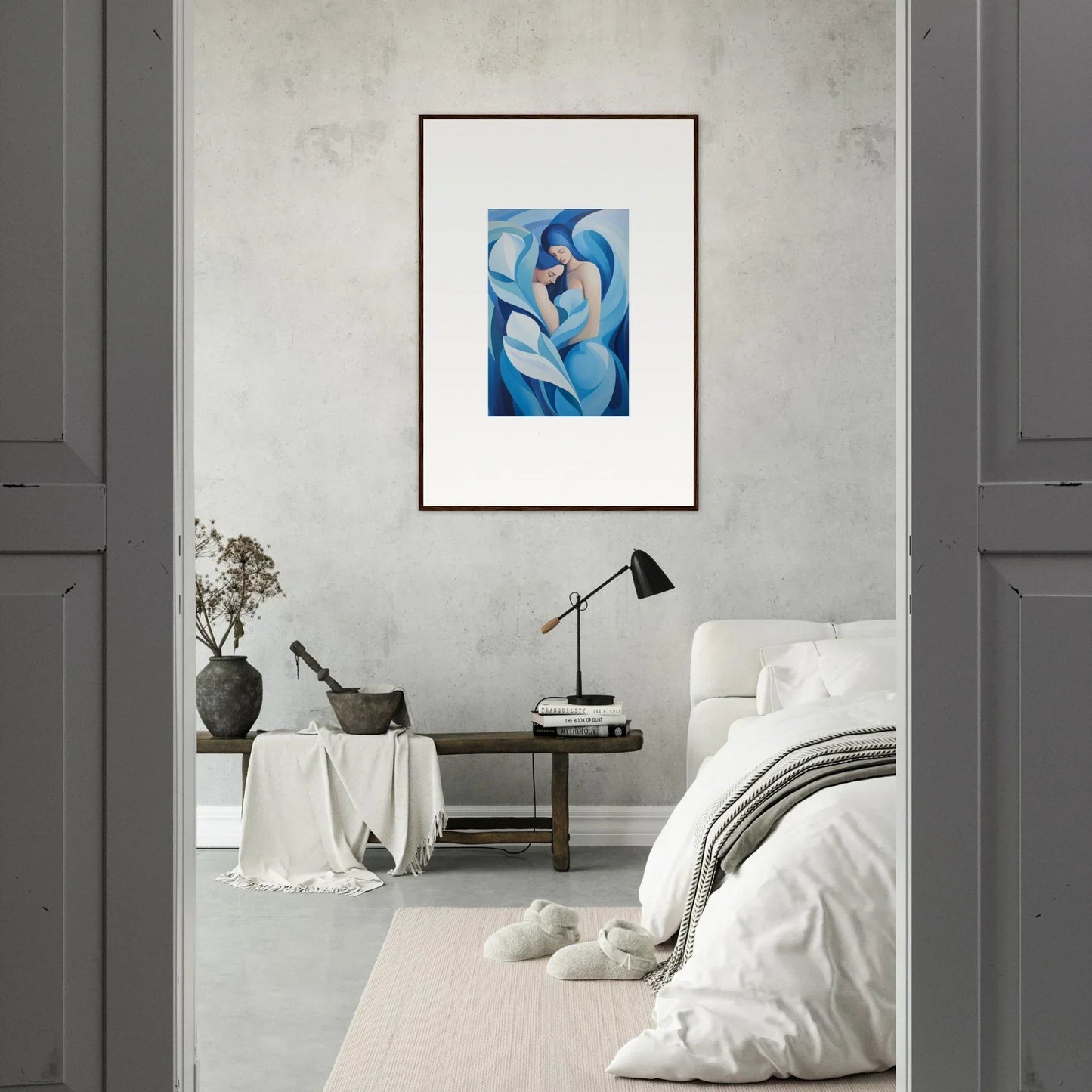 Framed abstract canvas print of blue and white shapes for a serene euphoria embrace in room decoration