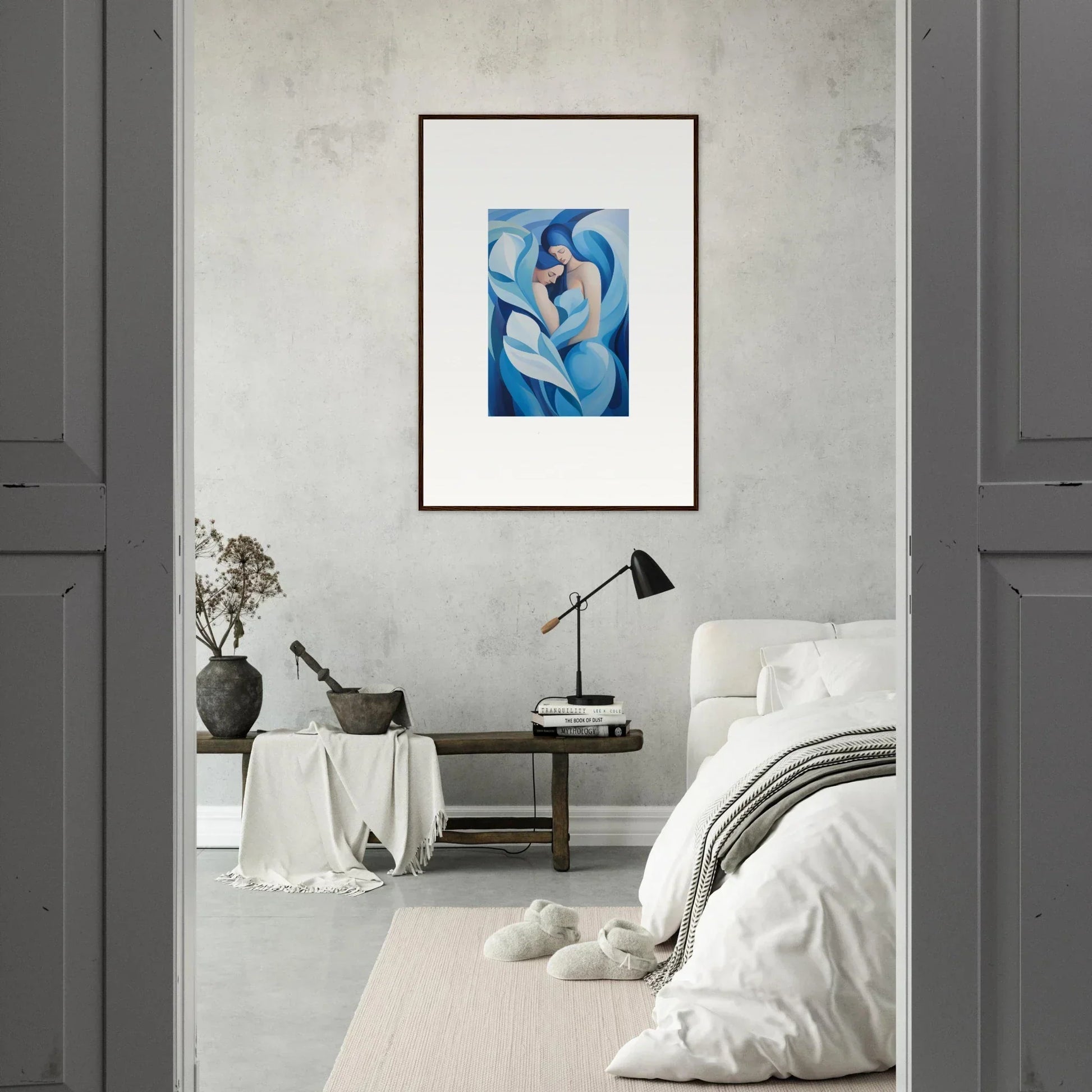 Framed abstract canvas print of blue and white shapes for a serene euphoria embrace in room decoration