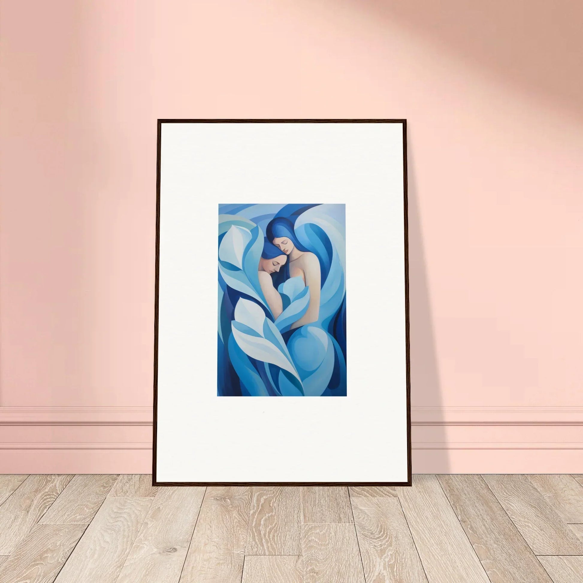 Framed canvas print of flowing blue and white shapes in Euphoria Embrace for room decoration