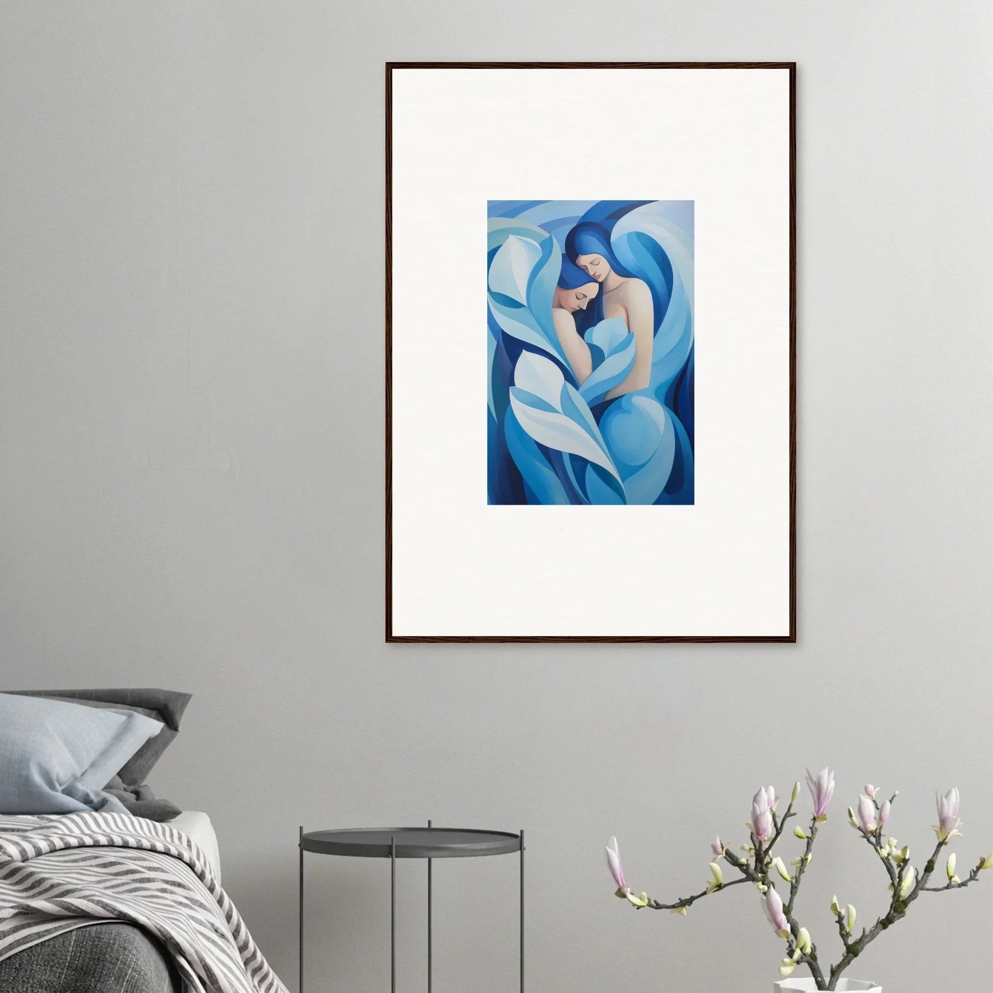 Framed abstract painting of a blue curved figure, perfect for euphoria embrace room decoration