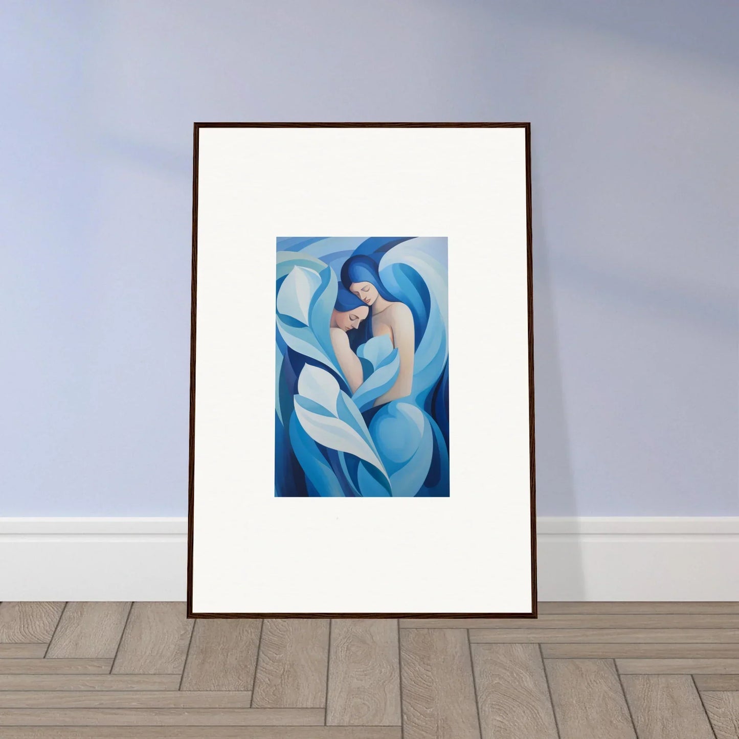 Framed abstract canvas print with blue and white shapes for euphoria embrace room decoration