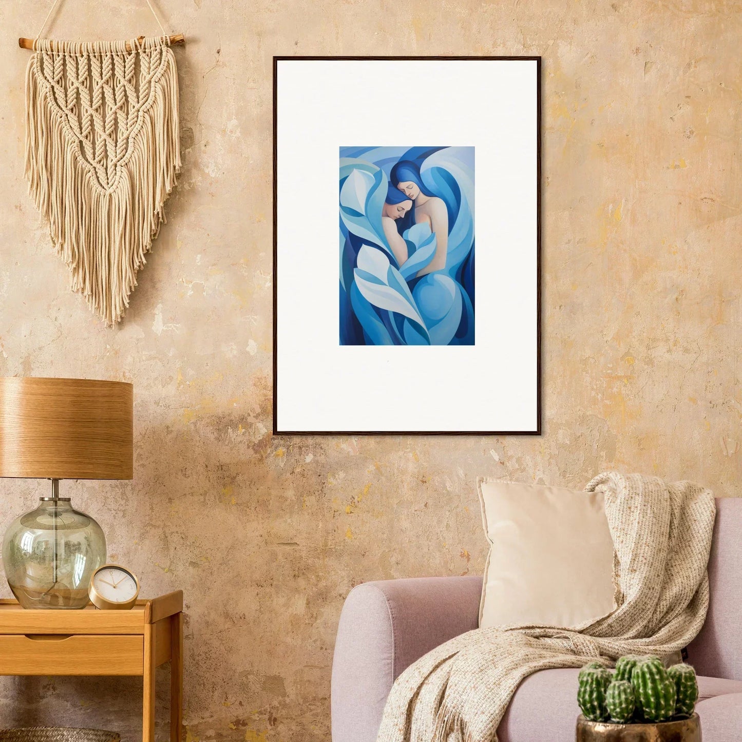 Framed abstract canvas print of a blue figure, perfect for euphoria embrace room decoration