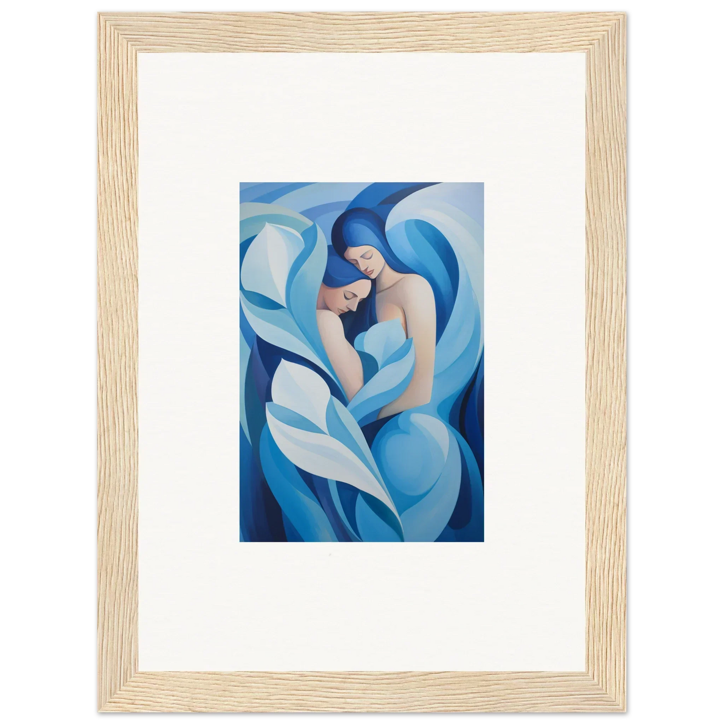 Abstract painting of a figure in flowing blue and white shapes for euphoria embrace room decoration