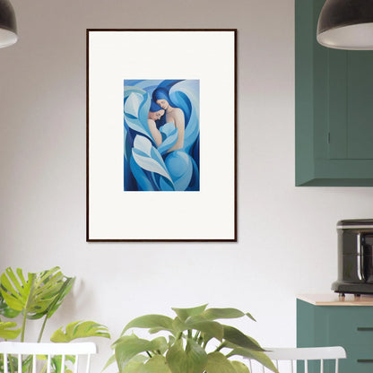 Framed abstract canvas print of curved blue and white shapes for euphoria embrace room decoration