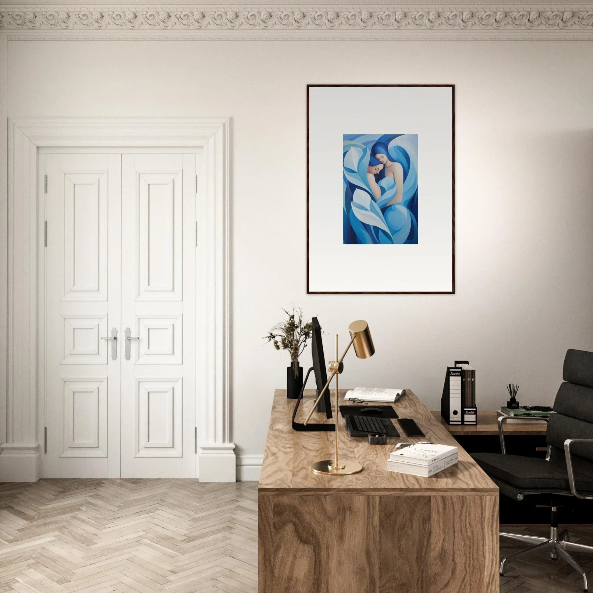 Elegant home office with a wooden desk and Euphoria Embrace canvas print on the wall