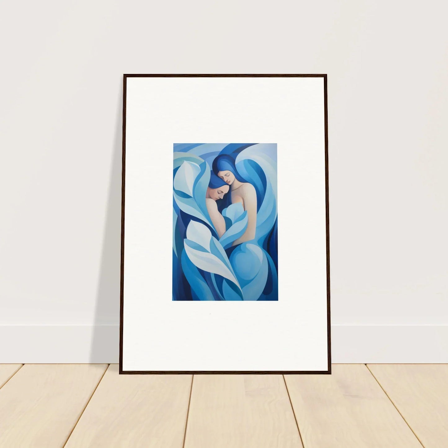 Framed abstract canvas print of blue and white curves for an euphoria embrace in room decoration