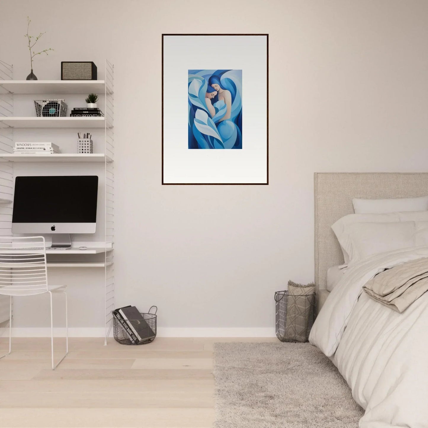 Abstract blue and white canvas print in a black frame for euphoria embrace room decoration