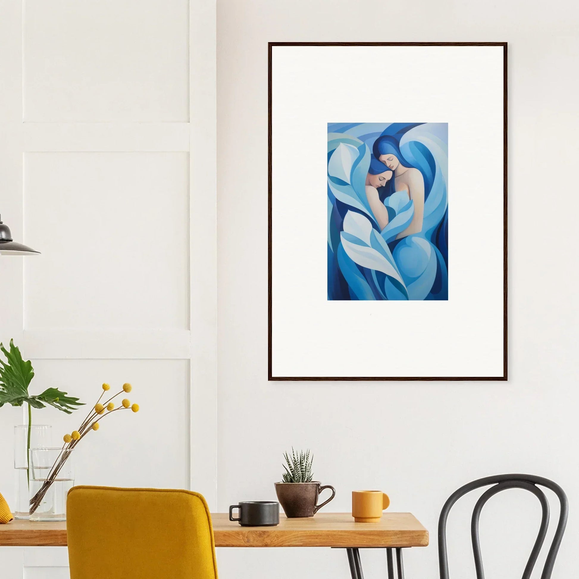 Framed canvas print of blue and white abstract shapes for a euphoria embrace vibe