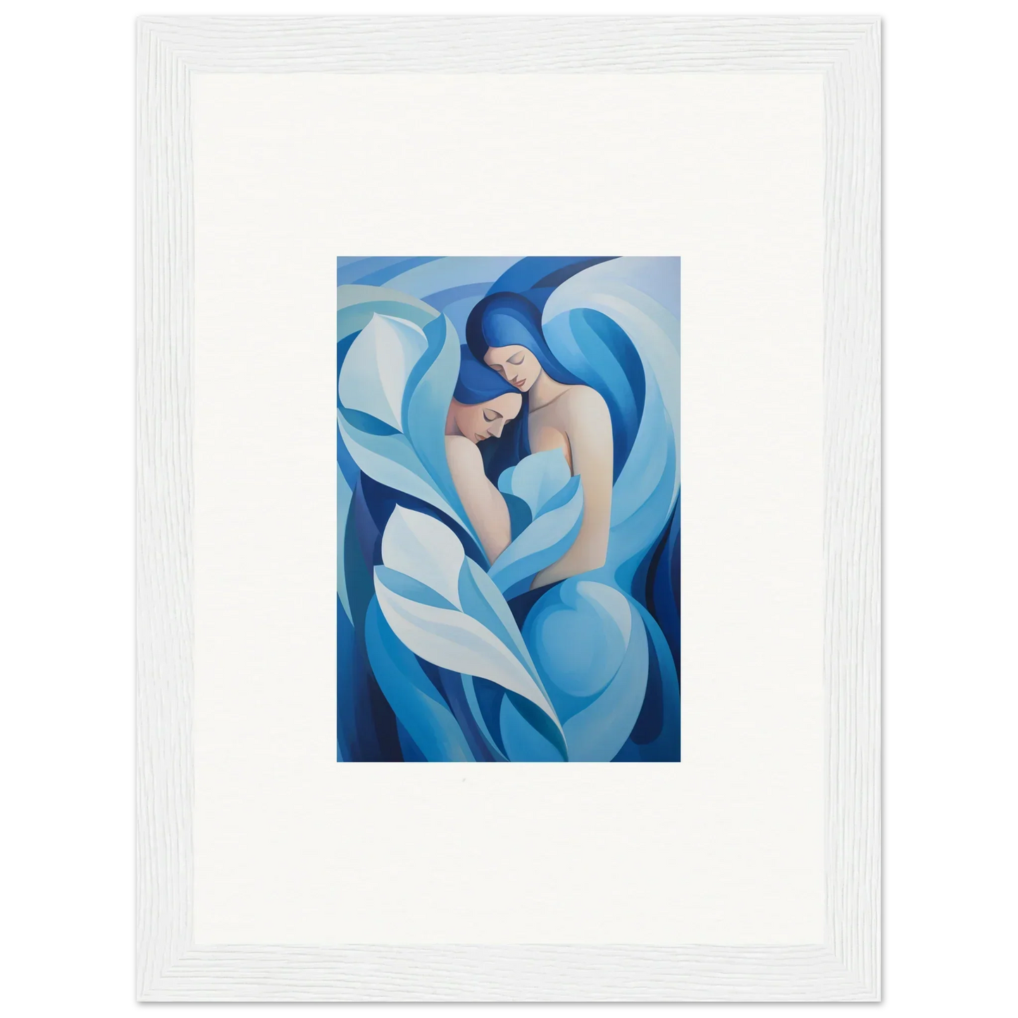 Abstract painting of a figure in blue and white for a serene euphoria embrace canvas print