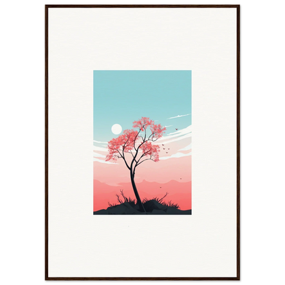 Framed canvas print of Serenity’s Fluttering Whispers, featuring a pink tree and pastel sky