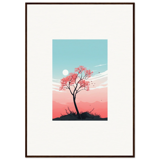 Framed canvas print of Serenity’s Fluttering Whispers, featuring a pink tree and pastel sky