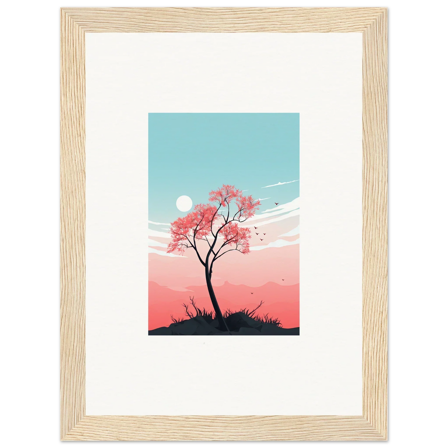 Framed canvas print of a lone tree with pink blossoms for serene room decoration