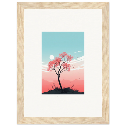 Framed canvas print of a lone tree with pink blossoms for serene room decoration