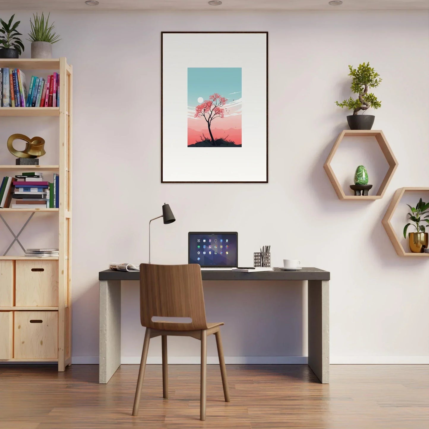 Home office with a cozy desk, chair, and Serenity’s Fluttering Whispers canvas print