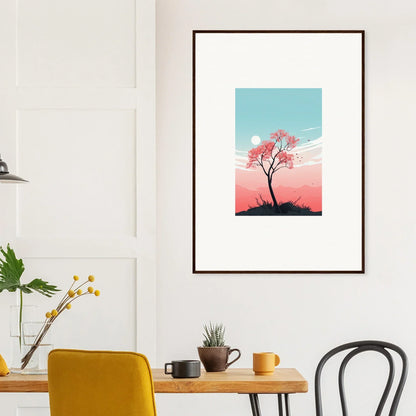 Framed canvas print of fluttering whispers with a silhouetted tree and colorful sky