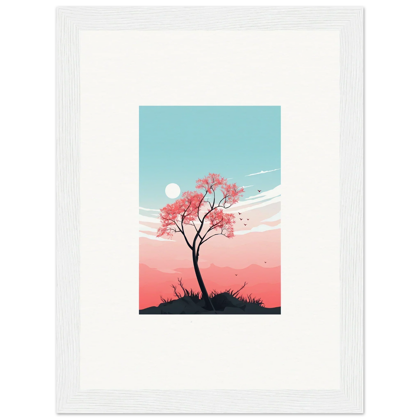 Lone tree with pink blossoms in pastel sky for Serenity’s Fluttering Whispers canvas print