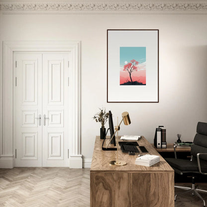 Home office with wooden desk, chair, and Serenity’s Fluttering Whispers canvas print