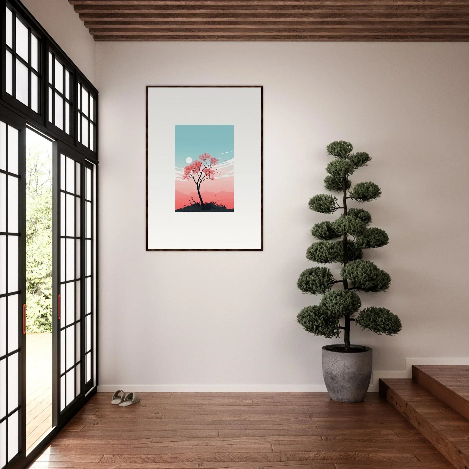 Framed canvas print of a silhouetted tree with fluttering whispers in a gradient sky